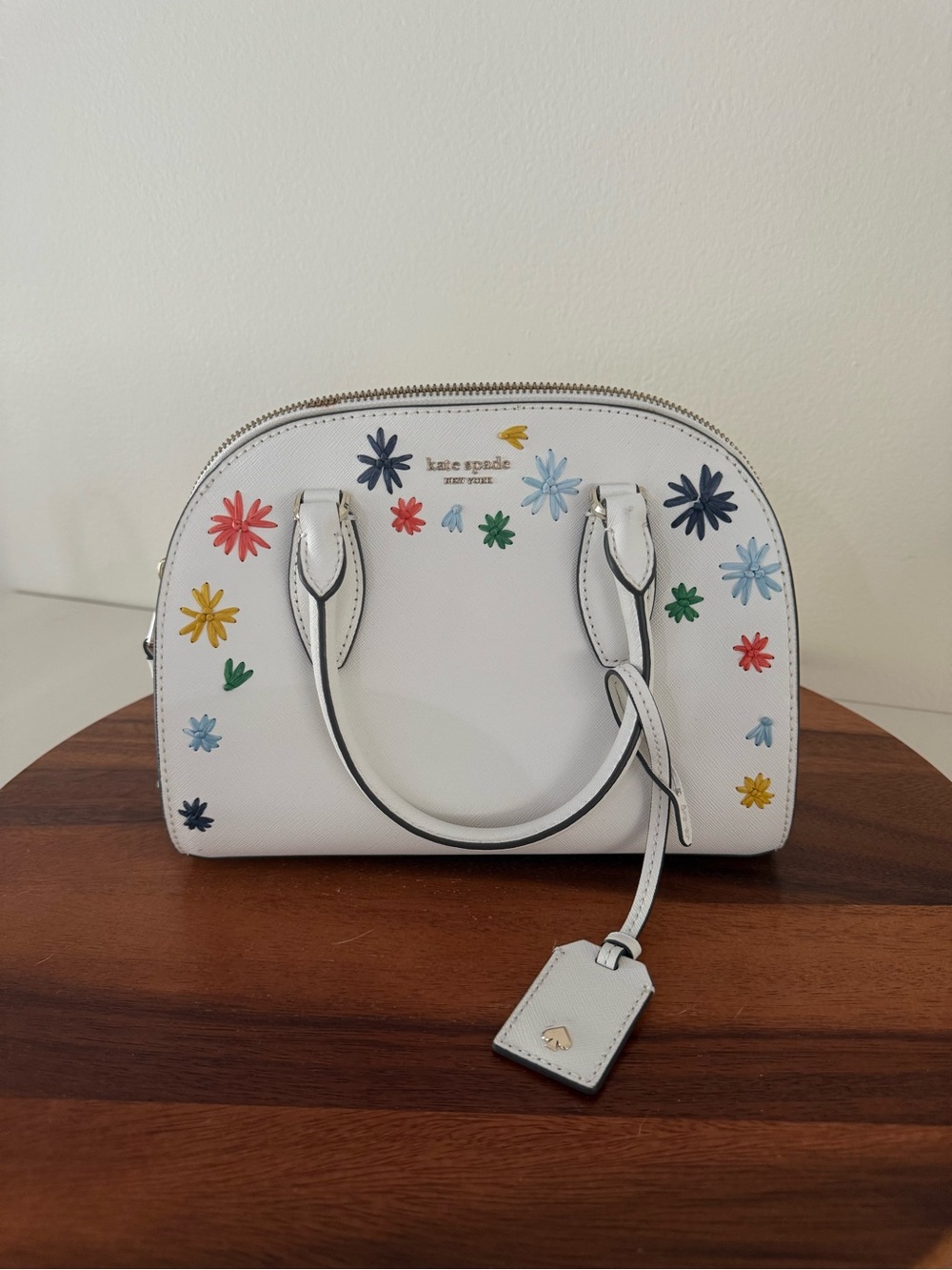 kate spade White Leather Floral Dome Satchel with Multicolor Appliqués